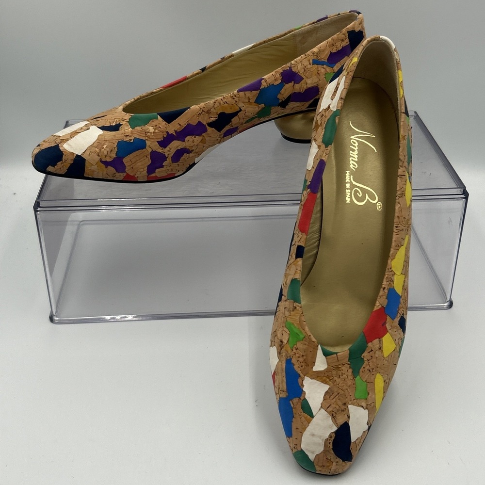 VINTAGE Norma B Cork Leather Pumps MULTICOLOR Mosaic Paint Artsy Eclectic Size 9